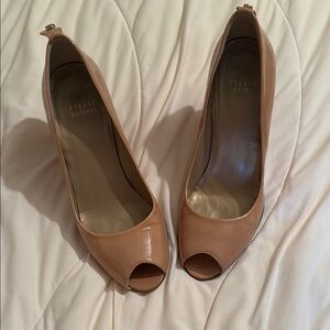 Stuart Weitzman Tan Patent Leather Peep Toe Wedges